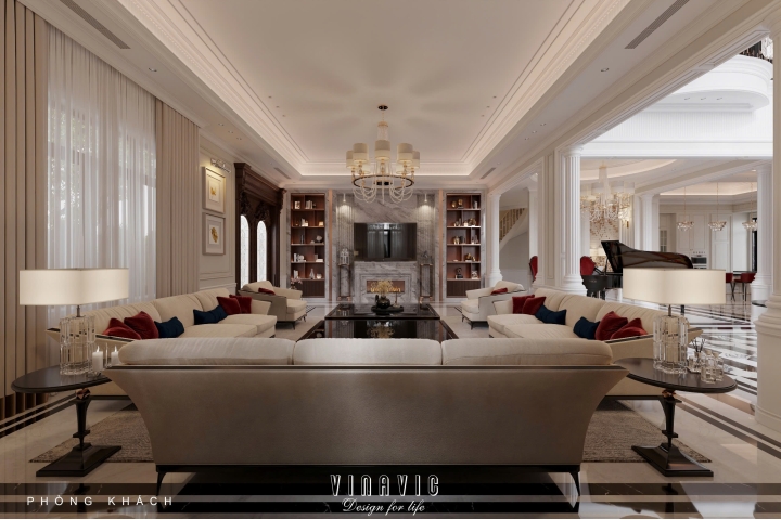 Thiết kế nội thất phòng khách tân cổ điển liên thông bếp sang trọng NT2337
