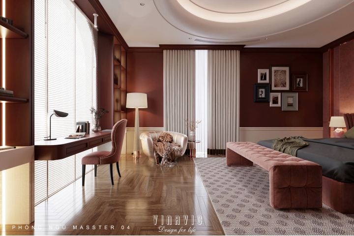 Mẫu thiết kế nội thất phòng ngủ Master tone màu nâu đỏ trầm NT2339