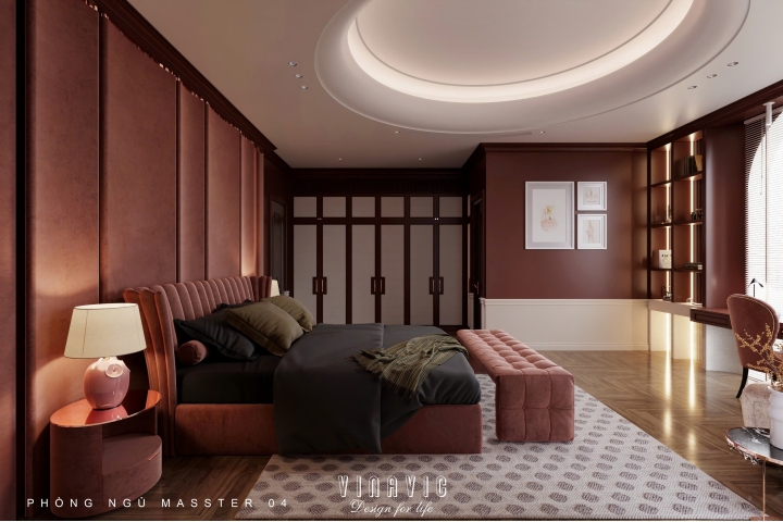 Mẫu thiết kế nội thất phòng ngủ Master tone màu nâu đỏ trầm NT2339