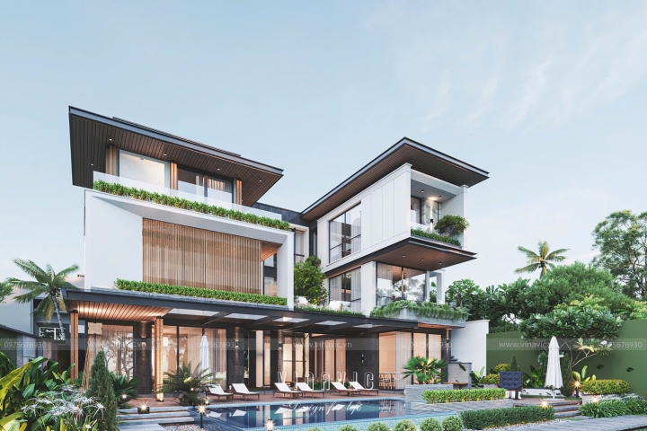 Thiết kế biệt thự 200m2 hiện đại 3 tầng 6 phòng ngủ (20mx10m) BT2404