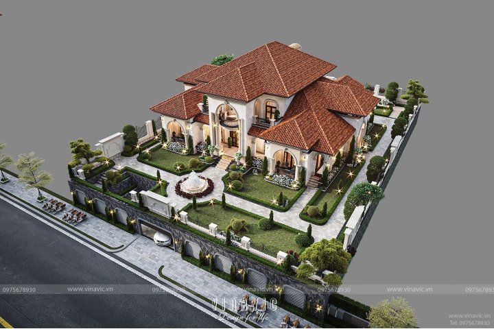 Mẫu thiết kế biệt thự 2 tầng phong cách địa trung hải 360m2 BT2405