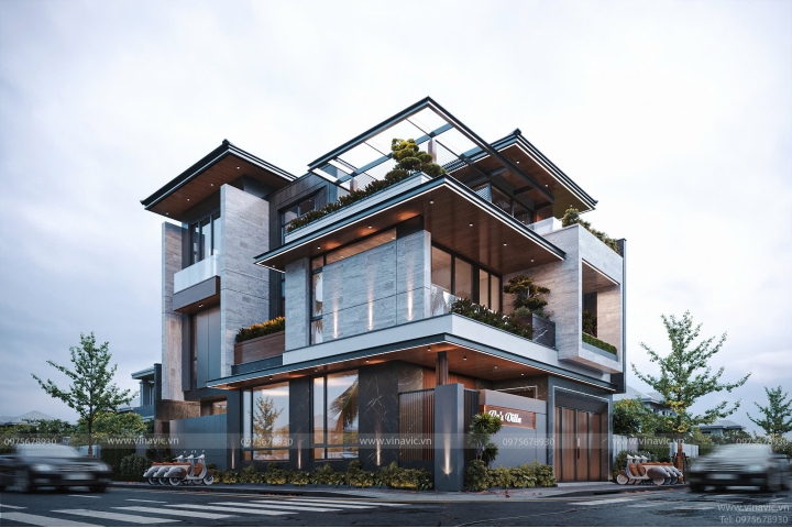 Thiết kế biệt thự hiện đại 3 tầng 2 mặt tiền 130m2 (10x13m) BT2409