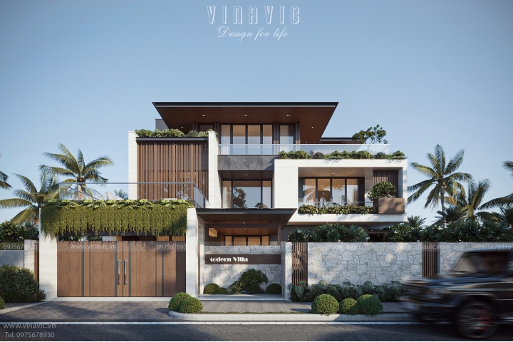 Thiết kế biệt thự đẹp hiện đại 3 tầng mái bằng 16x13m (208m2) BT2412