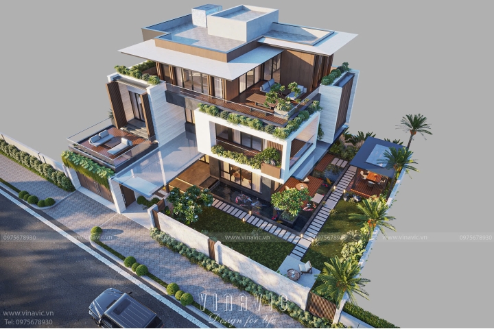 Thiết kế biệt thự đẹp hiện đại 3 tầng mái bằng 16x13m (208m2) BT2412