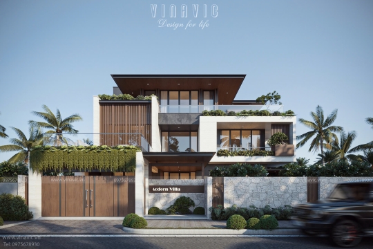 Thiết kế biệt thự đẹp hiện đại 3 tầng mái bằng 16x13m (208m2) BT2412