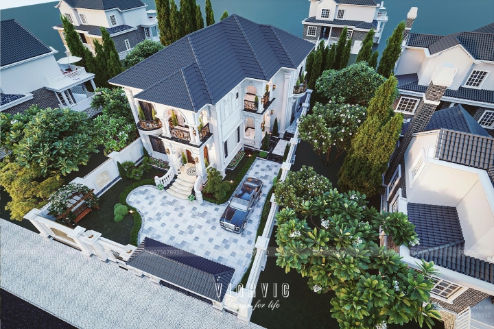 Mẫu biệt thự 2 tầng mái nhật tân cổ điển 4 phòng ngủ 13 x 18m (234m2) BT2413