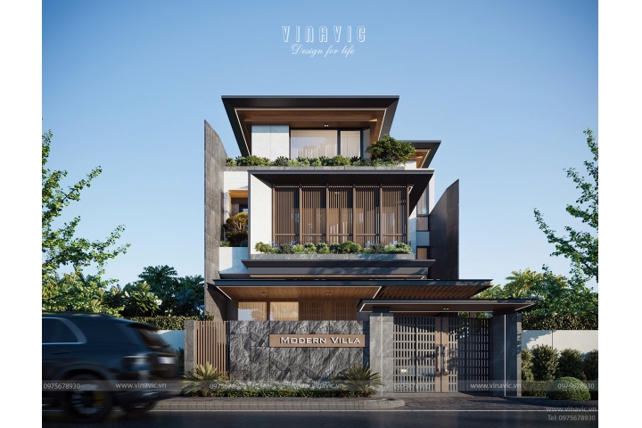 Mẫu thiết kế biệt thự 3 tầng 200m2 hiện đại mặt tiền 10x20m BT2414