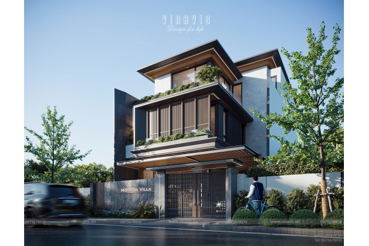 Mẫu thiết kế biệt thự 3 tầng 200m2 hiện đại mặt tiền 10x20m BT2414