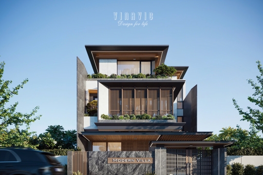 Mẫu thiết kế biệt thự 3 tầng 200m2 hiện đại mặt tiền 10x20m BT2414