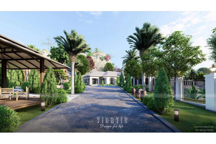 Thiết kế sân vườn biệt thự nghỉ dưỡng 1 tầng mái nhật TCSV2004
