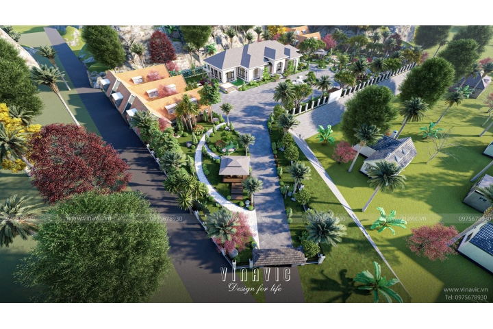 Thiết kế sân vườn biệt thự nghỉ dưỡng 1 tầng mái nhật TCSV2004