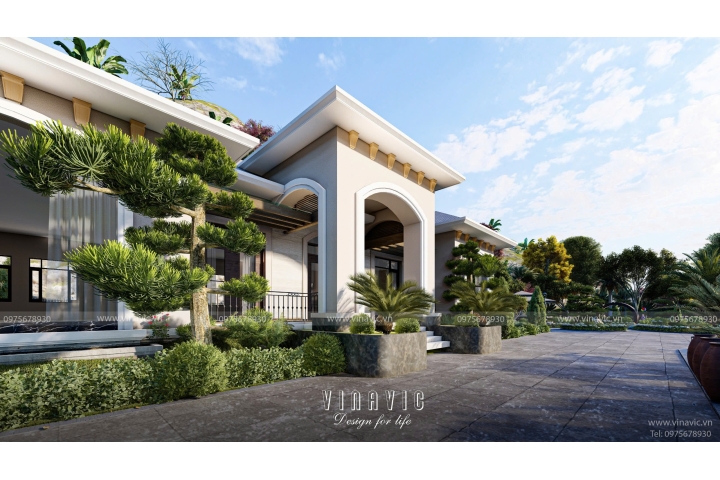 Thiết kế sân vườn biệt thự nghỉ dưỡng 1 tầng mái nhật TCSV2004