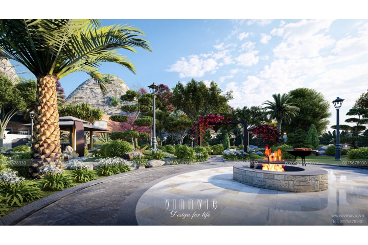 Thiết kế sân vườn biệt thự nghỉ dưỡng 1 tầng mái nhật TCSV2004