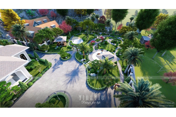 Thiết kế sân vườn biệt thự nghỉ dưỡng 1 tầng mái nhật TCSV2004
