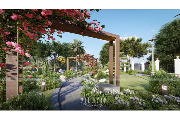 Thiết kế sân vườn biệt thự nghỉ dưỡng 1 tầng mái nhật TCSV2004