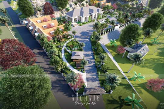 Thiết kế sân vườn biệt thự nghỉ dưỡng 1 tầng mái nhật TCSV2004