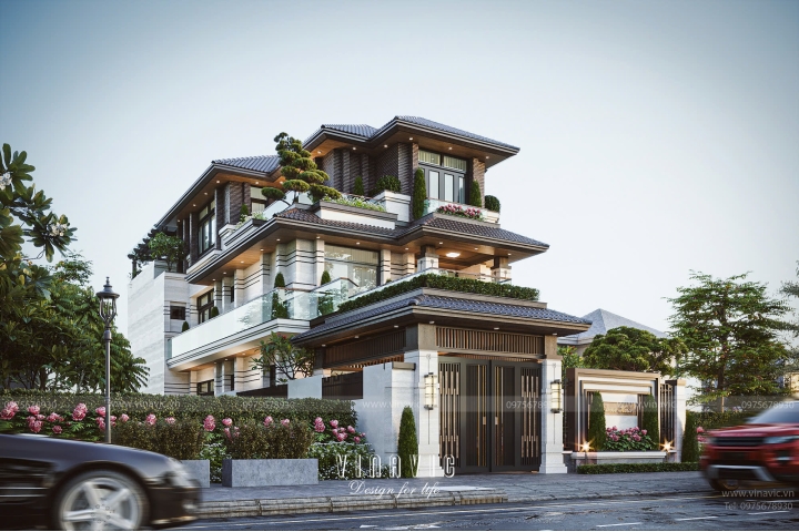 Biệt thự 3 tầng hiện đại mái nhật 5 phòng ngủ 216m2 (9m x 24m) BT2417