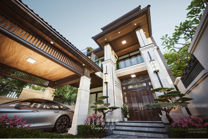Biệt thự 3 tầng hiện đại mái nhật 5 phòng ngủ 216m2 (9m x 24m) BT2417