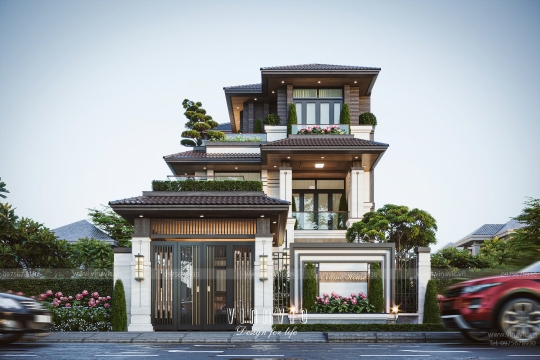 Biệt thự 3 tầng hiện đại mái nhật 5 phòng ngủ 216m2 (9m x 24m) BT2417