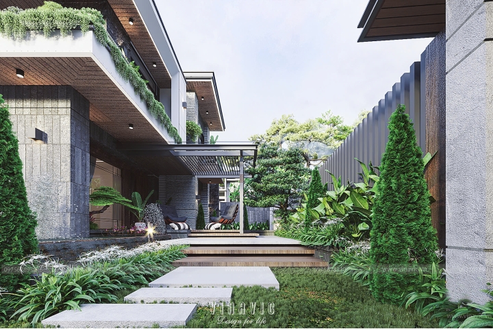 Thiết kế sân vườn biệt thự phong cách hiện đại TCSV2007