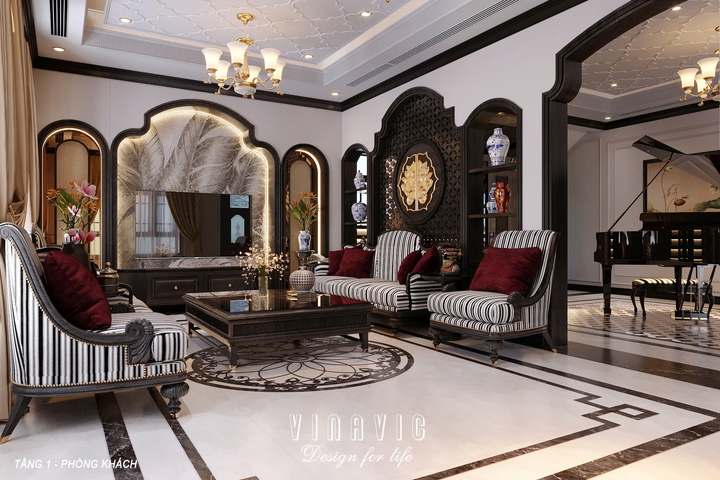 Thiết kế nội thất Indochine biệt thự 3 tầng 1 hầm (CĐT Mrs Út - Hà Nội) NT2349