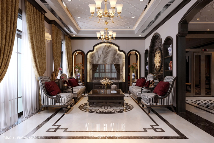 Thiết kế nội thất Indochine biệt thự 3 tầng 1 hầm (CĐT Mrs Út - Hà Nội) NT2349