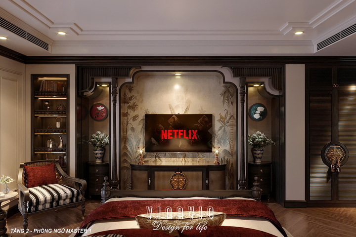 Thiết kế nội thất Indochine biệt thự 3 tầng 1 hầm (CĐT Mrs Út - Hà Nội) NT2349