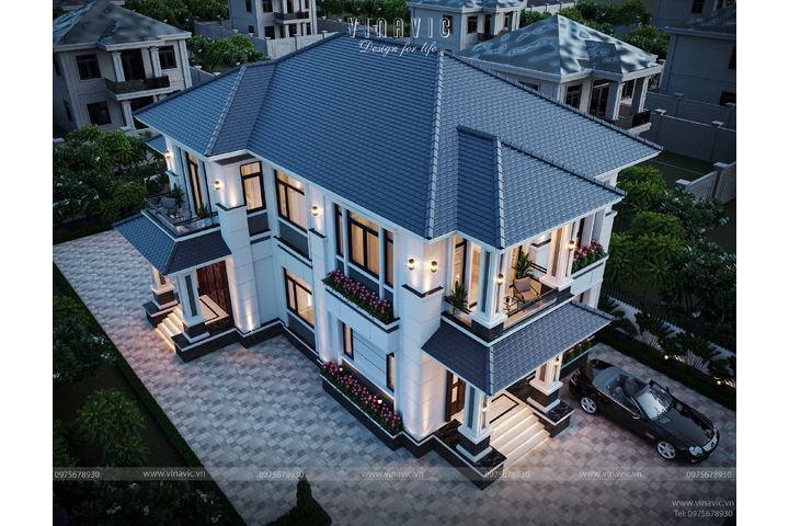 Mẫu nhà mái Nhật hiện đại 2 tầng 4 phòng ngủ 23x11m BT2422