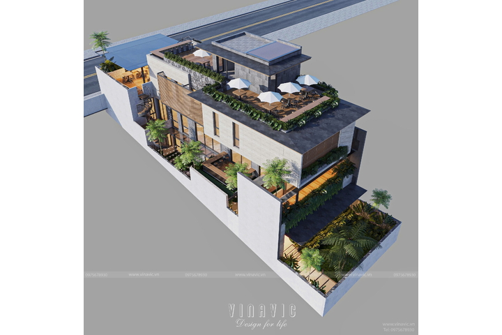 Thiết kế biệt thự 3 tầng hiện đại 11x36m kinh doanh Tropicana Coffe House BT2425