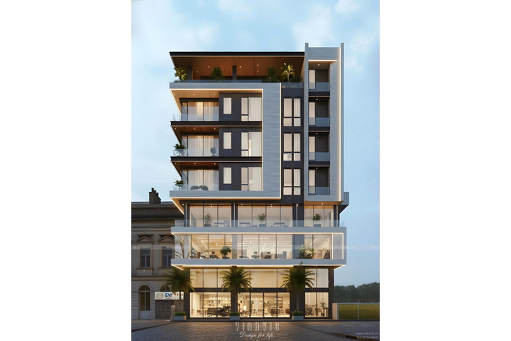 Mẫu thiết kế nhà nghỉ 7 tầng kinh doanh hiện đại 9x17m(153m2) BT2429