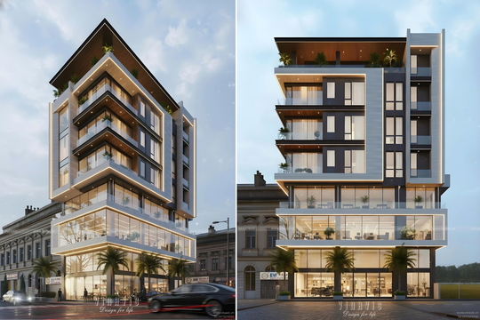 Mẫu thiết kế nhà nghỉ 7 tầng kinh doanh hiện đại 9x17m(153m2) BT2429