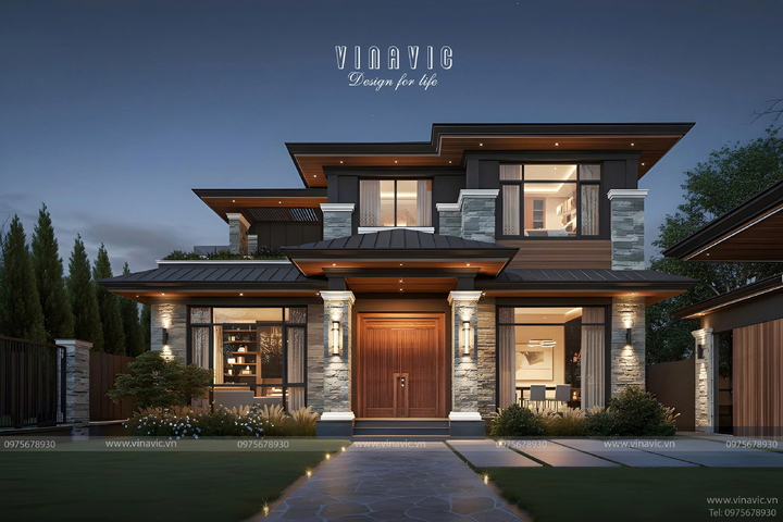 Mẫu biệt thự mái nhật hiện đại 2 tầng 5 phòng ngủ 13x15m BT2432