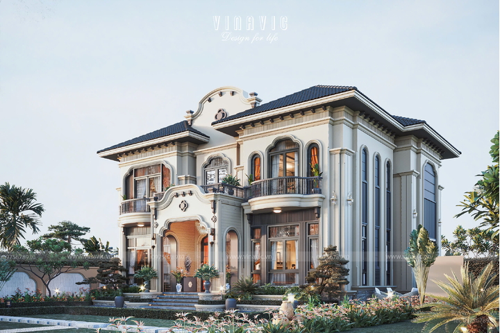 Mẫu thiết kế biệt thự 2 tầng Tân cổ điển Á Đông mái Nhật 16x13m  BT2431
