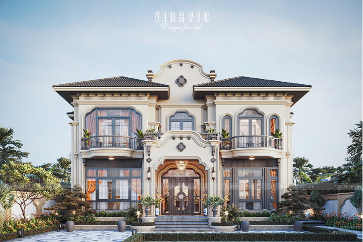 Mẫu thiết kế biệt thự 2 tầng Tân cổ điển Á Đông mái Nhật 16x13m  BT2431