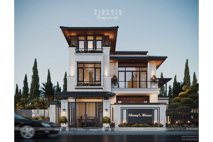 Mẫu thiết kế nhà biệt thự 3 tầng hiện đại 140m2 5 phòng ngủ BT2434