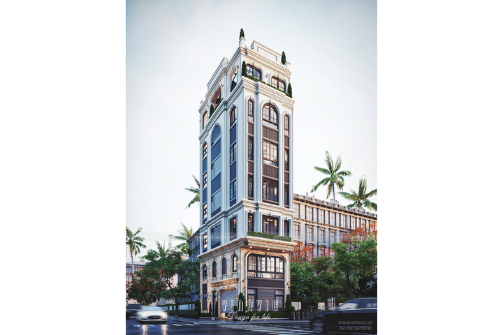 Thiết kế nhà phố 2 mặt tiền Tân Cổ Điển 6 tầng 1 tum 6x9m NP2358