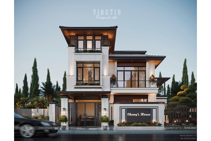 Mẫu thiết kế nhà biệt thự 3 tầng hiện đại 140m2 5 phòng ngủ BT2434