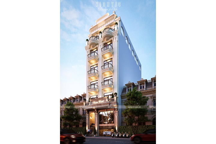 Thiết kế nhà nghỉ 5 tầng 1 trệt 1 tum tân cổ điển 9x18m NP2359