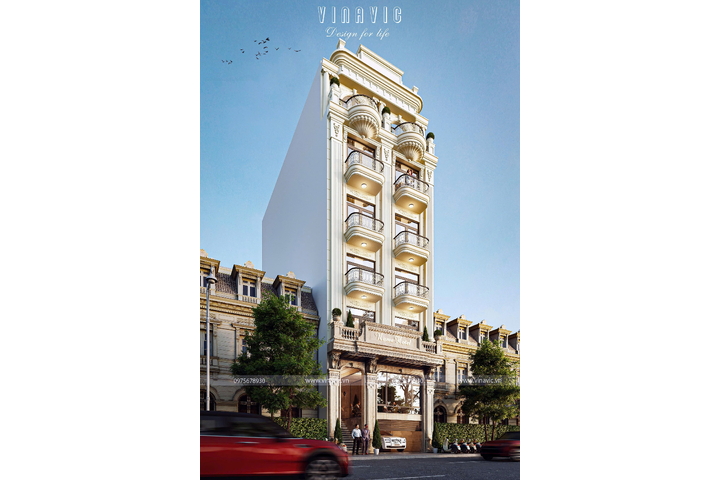 Thiết kế nhà nghỉ 5 tầng 1 trệt 1 tum tân cổ điển 9x18m NP2359