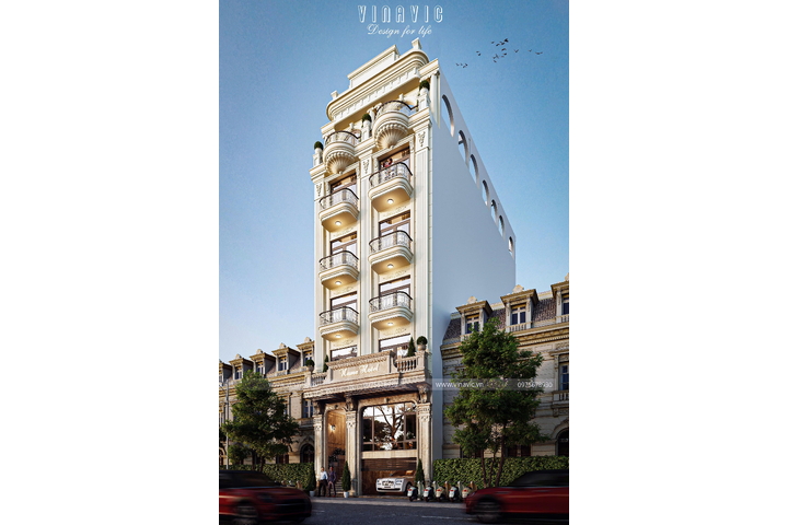 Thiết kế nhà nghỉ 5 tầng 1 trệt 1 tum tân cổ điển 9x18m NP2359
