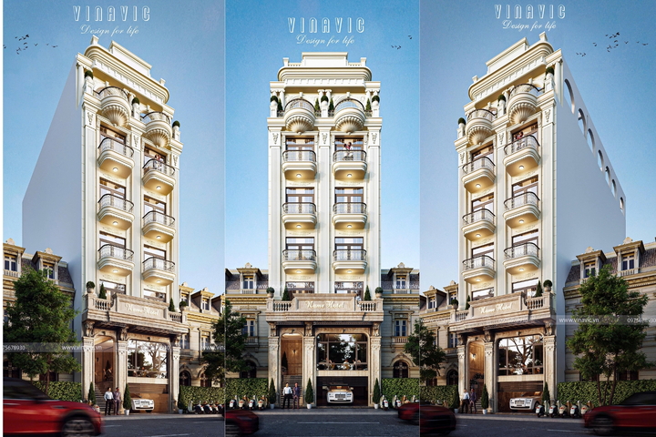 Thiết kế nhà nghỉ 5 tầng 1 trệt 1 tum tân cổ điển 9x18m NP2359