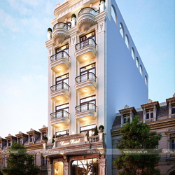 Thiết kế nhà nghỉ 5 tầng 1 trệt 1 tum tân cổ điển 9x18m NP2359