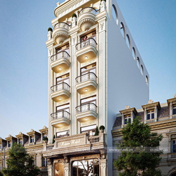 Thiết kế nhà nghỉ 5 tầng 1 trệt 1 tum tân cổ điển 9x18m NP2359