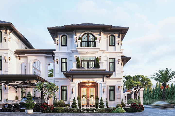 Mẫu biệt thự song lập 3 tầng phong cách Tân Cổ Điển đẳng cấp BT2416