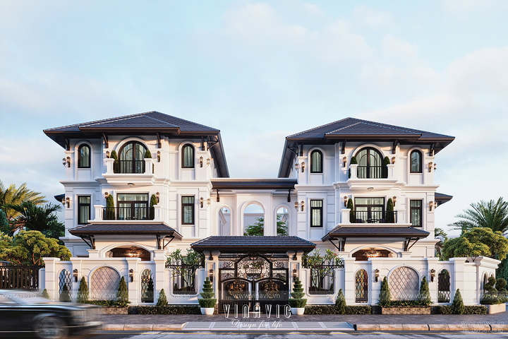 Mẫu biệt thự song lập 3 tầng phong cách Tân Cổ Điển đẳng cấp BT2416