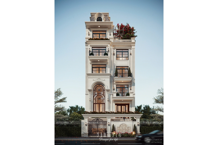 Mẫu thiết kế nhà phố đẹp 6 tầng phong cách tân cổ điển 9x15m NP2360
