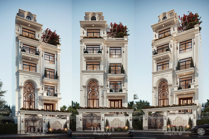 Mẫu thiết kế nhà phố đẹp 6 tầng phong cách tân cổ điển 9x15m NP2360