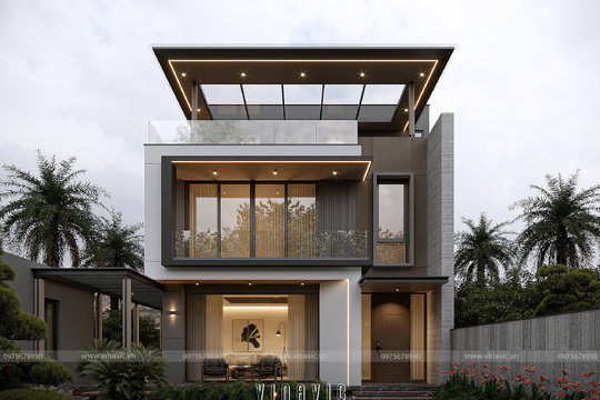 Biệt thự hiện đại 3 tầng mái bằng trên sườn đồi dốc 9x14m BT2447