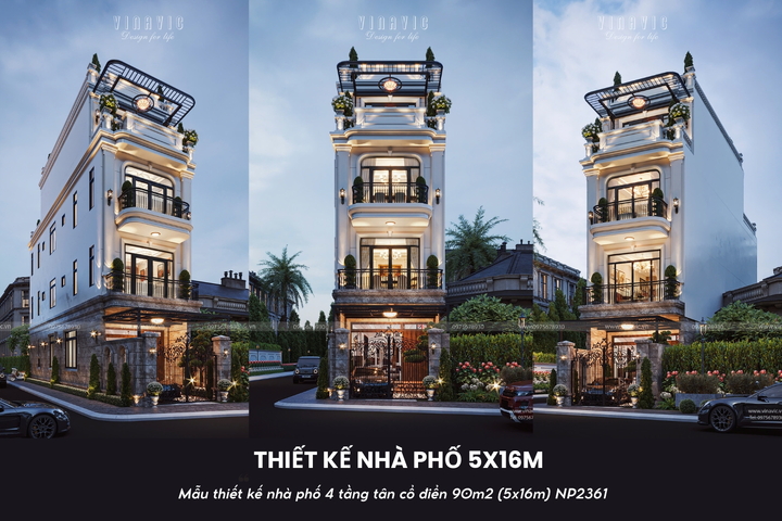 Mẫu thiết kế nhà phố 4 tầng tân cổ điển 90m2 (5x16m) NP2361