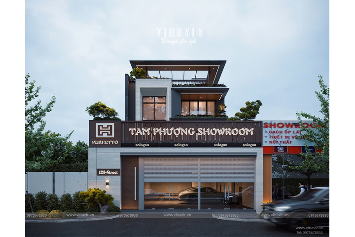 Thiết kế nhà biệt thự kết hợp kinh doanh showroom 3 tầng 10x30m BT2451